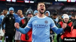 Maxime Chano de New York City FC célèbre la qualification de son équipe pour la conférence Est, USA, le 30 novembre 2021.