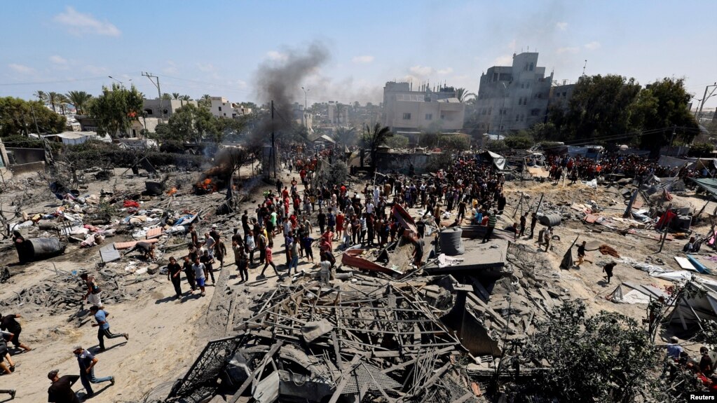 Aftermath of an Israeli strike at a tent camp in Al-Mawasi area in Khan Younis