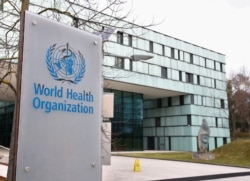 FILE - A logo is pictured outside a building of the WHO in Geneva, Switzerland.