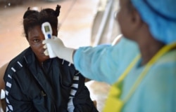 FILE - A girl suspected of being infected with the Ebola virus has her temperature checked at a hospital in Kenema, Guinea, Aug. 16, 2014.