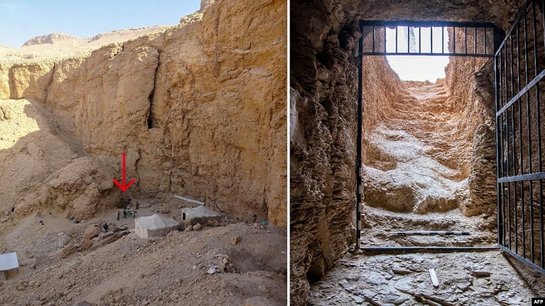 These handout pictures released by the Egyptian Ministry of Antiquities on Feb. 19, 2025, show the entrance to the tomb of King Thutmose II in Luxor in southern Egypt. 