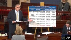 In this frame grab from video provided by Senate Television, Sen. Jeff Merkley, D-Ore. speaks on the floor of the Senate on Capitol Hill in Washington, Wednesday, April 5, 2017. Merkley spoke for nearly 15 hours in opposition to Gorsuch nomination.