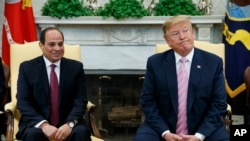 President Donald Trump meets with Egyptian President Abdel Fattah el-Sisi in the Oval Office of the White House, April 9, 2019, in Washington.