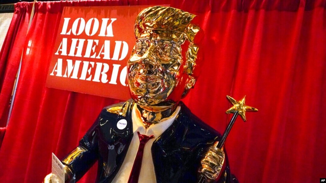 A statue of former President Donald Trump is displayed at the merchandise show at the Conservative Political Action Conference, Feb. 26, 2021, in Orlando, Fla. 