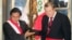 Peru's President Toledo greets new Foreign Minister Maurtua in Lima, Aug. 20, 2021.