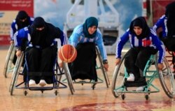 Yemeni women with disabilities take part in a local wheelchair basketball championship in Yemen's capital, Sanaa, Dec. 9, 2019.