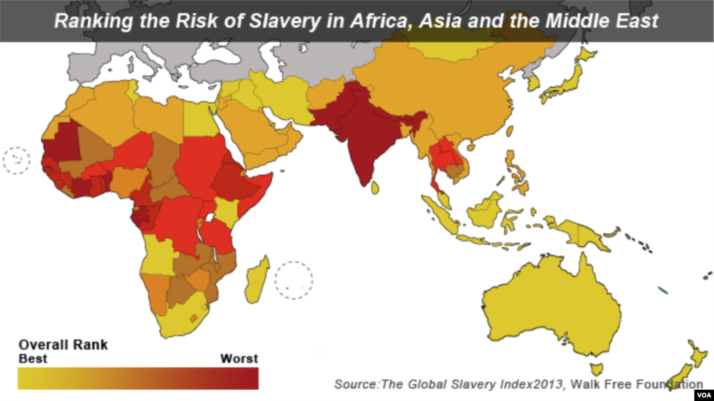 Um mapa que demonstra o ranking dos países com maior incidência de trabalho escravo.