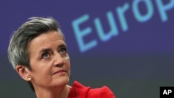 European Commission Vice President Margrethe Vestager speaks during a media conference on the proposal for a Regulation to address distortions caused by foreign subsidies in the Single Market and on the European Industrial Strategy Update at EU…