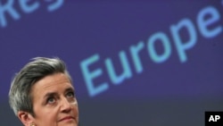 European Commission Vice President Margrethe Vestager speaks during a media conference on the proposal for a Regulation to address distortions caused by foreign subsidies in the Single Market, May 5, 2021.