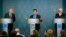 From left, French Foreign Minister Jean-Marc Ayrault, Ukrainian Foreign Minister Pavlo Klimkin and German Foreign Minister Frank-Walter Steinmeier attend a news conference after their meeting in Kyiv, Ukraine, Sept. 14, 2016.