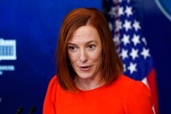 FILE - White House press secretary Jen Psaki speaks with reporters in the James Brady Press Briefing Room at the White House, Jan. 21, 2021.