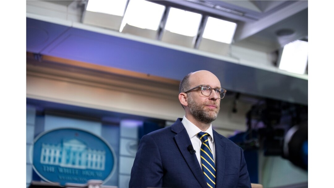 Office of Management and Budget Acting Director Russ Vought pauses as he speaks during a television interview at the White House, Feb.10, 2020, in Washington.