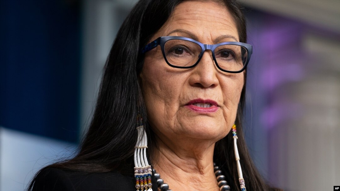 FILE - In this April 23, 2021, file photo, Interior Secretary Deb Haaland speaks during a news briefing at the White House in Washington. Haaland approved a new constitution for the Cherokee Nation on Wednesday, May 12, 2021 that ensures citizenship…