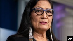 FILE - In this April 23, 2021, file photo, Interior Secretary Deb Haaland speaks during a news briefing at the White House in Washington. Haaland approved a new constitution for the Cherokee Nation on Wednesday, May 12, 2021 that ensures citizenship…