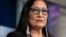 FILE - In this April 23, 2021, file photo, Interior Secretary Deb Haaland speaks during a news briefing at the White House in Washington. Haaland approved a new constitution for the Cherokee Nation on Wednesday, May 12, 2021 that ensures citizenship…