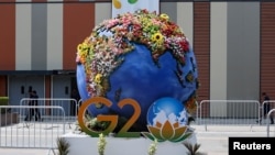 Logo KTT G20 di New Delhi, India, 8 September 2023. (Foto: Anushree Fadnavis/Reuters)