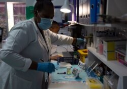 Laboratory technicians test a blood sample for HIV infection at the Reproductive Health and HIV Institute (RHI) in Johannesburg, Nov. 26 2020.
