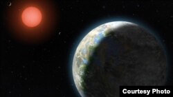 Planet yang diselimuti awan dan air di permukaan mengorbit bintang merah kerdil pada sistem tatasurya Gliese 581.