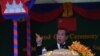 Cambodia’s Prime Minister Hun Sen speaks during a handover ceremony of the Morodok Techo National Stadium, funded by China's grant aid under its Belt and Road Initiative, in Phnom Penh on September 12, 2021. (Photo by TANG CHHIN Sothy / POOL / AFP)