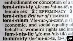 A Dec. 11, 2017, photo taken in New York shows the word feminism listed in the dictionary. Merriam-Webster has revealed “feminism” as its word of the year for 2017 on Dec. 12