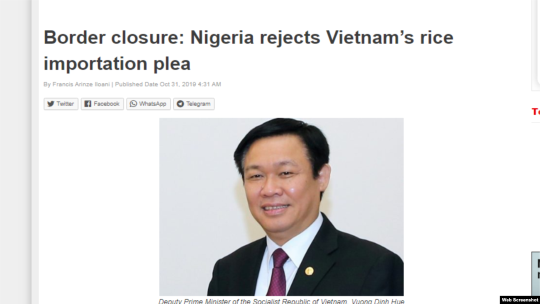 Báo Daily Trust đăng bài: Nigeria từ chối lời đề nghị của Phó Thủ tướng Vương Đình Huệ, 31/10/2019. Photo Daily Trust.