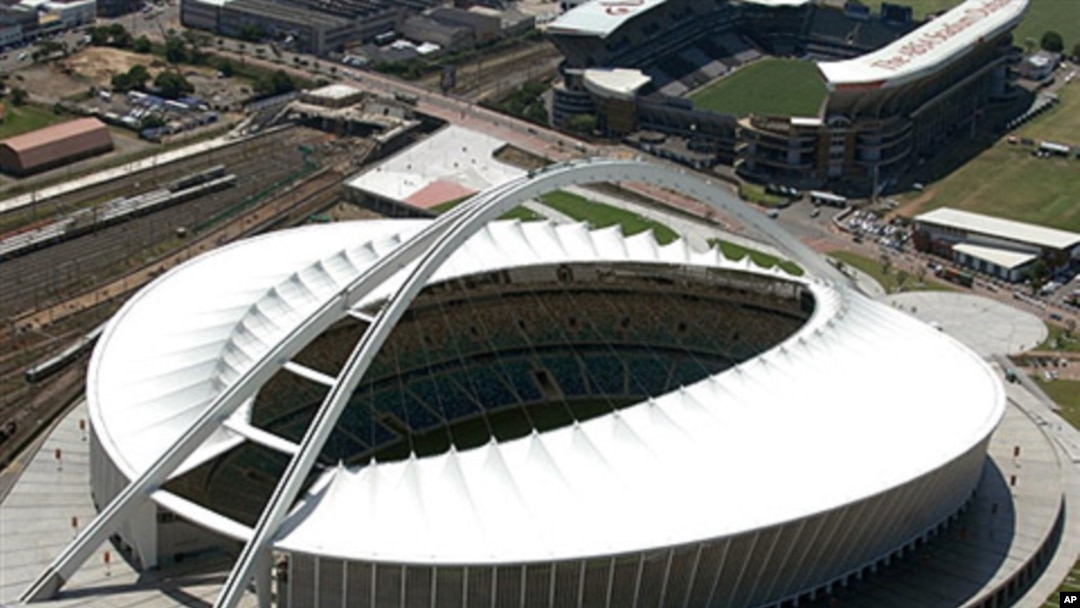 Aerial view shows the Moses-Mabhida stadium in Durban, South Africa, ahead of the 2010 Football World Cup, 15 Feb 2010