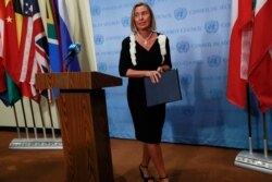 Federica Mogherini, High Representative for Foreign Affairs and Security Policy and Vice President of the European Commission, speaks following a meeting among remaining parties to the Iran nuclear deal at United Nations headquarters in New York.