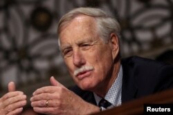 FILE - Sen. Angus King, I-Maine, speaks at a Senate Armed Services Committee hearing in Washington, April 11, 2019.