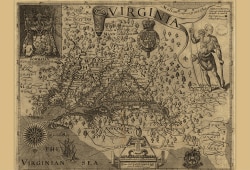 1624 map based on Captain John Smith's earlier journey up the Potomac River noting location of Nacotchtanke settlement.