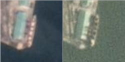지난 7월26일 촬영된 위성사진(왼쪽)과 8월8일 위성사진 비교. 7월26일까지 가득하던 적재함 속 하얀 포대들이 8월8일에는 모두 하역된 듯 텅 빈 적재함을 보이고 있다. 자료=Planet Labs