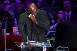 Former basketball player Michael Jordan reacts as he speaks during a public memorial for NBA great Kobe Bryant, his daughter Gianna and seven others killed in a helicopter crash on January 26, at the Staples Center in Los Angeles, Feb. 24, 2020.
