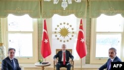 FILE- This photo taken by Turkish Presidency Press Office on January 6, 2024, shows Turkey's President Recep Tayyip Erdogan (C) meets with US Secretary of State Antony Blinken (L) in the presence of Turkey's Foreign Minister Hakan Fidan (R) in Istanbul.