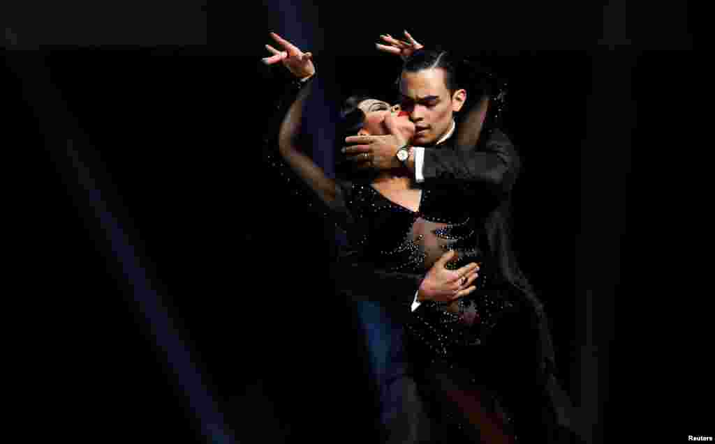 Juan David Vargas and Paulina Mejia, representing the city of Cali, Colombia, perform during the Stage style final round at the Tango World Championship in Buenos Aires, Argentina, Aug. 21, 2019.