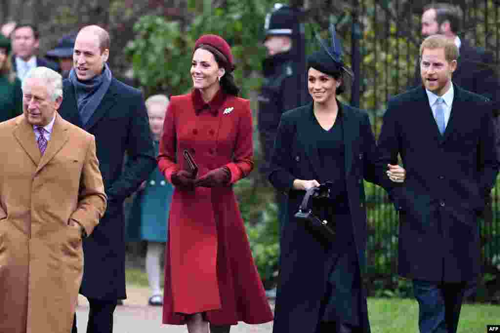 (L-R) Britain&#39;s Prince Charles, Prince of Wales, Britain&#39;s Prince William, Duke of Cambridge, Britain&#39;s Catherine, Duchess of Cambridge, Meghan, Duchess of Sussex and Britain&#39;s Prince Harry, Duke of Sussex arrive for the Royal Family&#39;s traditional Christmas Day service at St. Mary Magdalene Church in Sandringham, Norfolk, eastern England.