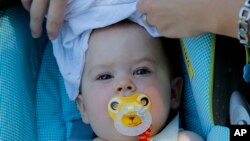 Rosie Massey, 7 months, has a wet blanket placed on her head to keep cool at the Phoenix Zoo by her mom, Ilse Massey, Friday, June 28, 2013 in Phoenix. 