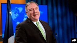 Menteri Luar Negeri AS Mike Pompeo berbicara di Washington DC, Rabu (20/5). 