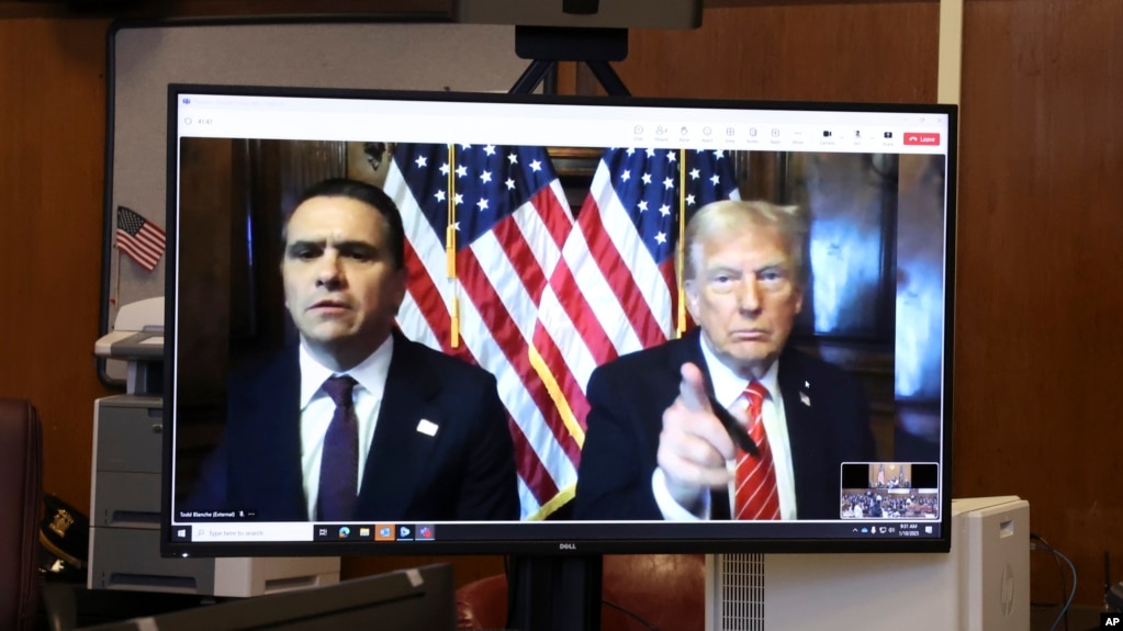 US President-elect Donald Trump appears remotely for a sentencing hearing in front of Judge Juan Merchan in the criminal case in which he was convicted on charges involving hush money, at NY Criminal Court in in New York, Jan. 10, 2025.