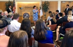 Rep. Porter addresses a group of students at Concordia University in Irvine, Calif. Young voters are credited with helping to flip her district from Republican to Democrat. (C. Presutti/VOA)