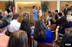Rep. Porter addresses a group of students at Concordia University in Irvine, Calif. Young voters are credited with helping to flip her district from Republican to Democrat. (C. Presutti/VOA)