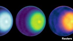 دانشمندان ناسا اولین طوفان قطبی در اورانوس را شناسایی کرده‌اند که در این تصاویر به صورت نقطه‌ای روشن در سمت راست هر یک از سه تصویر این سیاره مشاهده می‌شود.