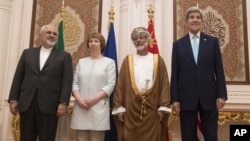 From left, Iranian Foreign Minister Javad Zarif, European Union adviser Catherine Ashton, Omani Minister Responsible for Foreign Affairs Yussef bin Alawi and US Secretary of State John Kerry, in Muscat on Sunday Nov. 9, 2014.