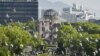 Un momento de la ceremonia de recordación del lanzamiento de la primera bomba atómica en Hiroshima, Japón, el 6 de agosto de 2021. Foto de la agencia Kyodo divulada por Reuters.