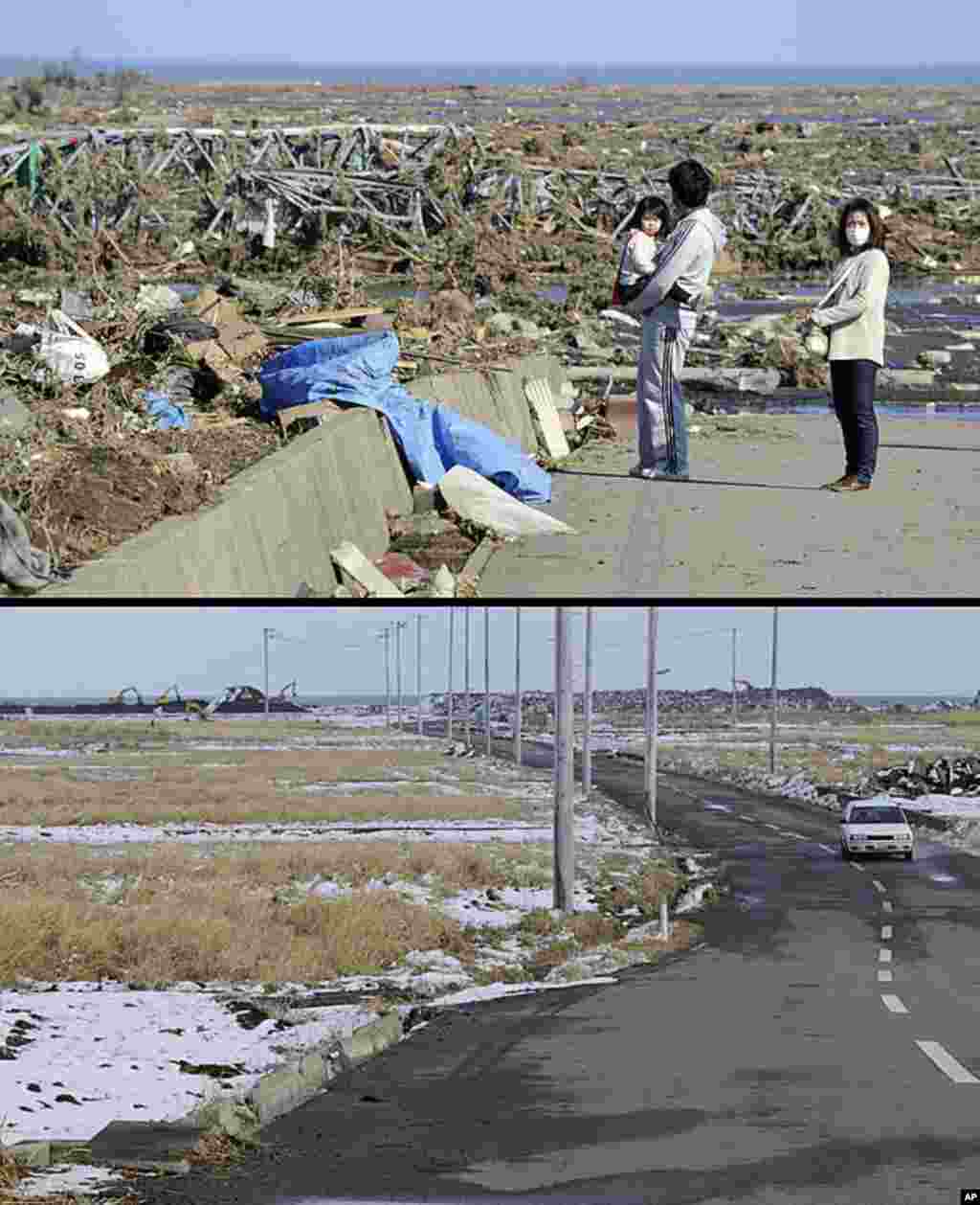 This combination of pictures shows local residents looking at a tsunami hit area of Minamisoma, Fukushima Prefecture on March 12, 2011 (top) and the same area on January 11, 2012 (bottom). (AFP)