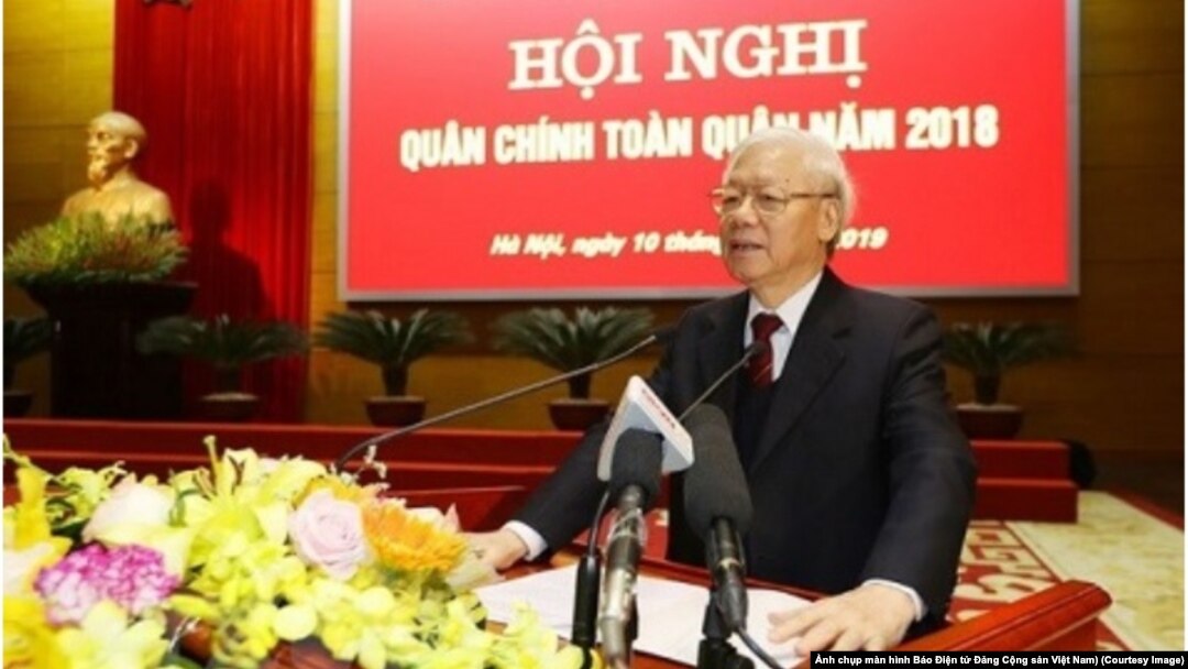 TBT-CTN Nguyễn Phú Trọng phát biểu tại Hội nghị Quân chính toàn quân ở Hà Nội hôm 10/1. (Ảnh chụp màn hình Báo Điện tử Đảng Cộng sản Việt Nam)