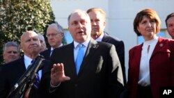 FILE - Rep. Steve Scalise, R-La., speaks to reporters outside the West Wing of the White House, March 26, 2019.