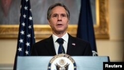 U.S. Secretary of State Antony Blinken delivers remarks about priorities for administration of U.S. President Joe Biden in the Ben Franklin room at the State Department in Washington, March 3, 2021. 