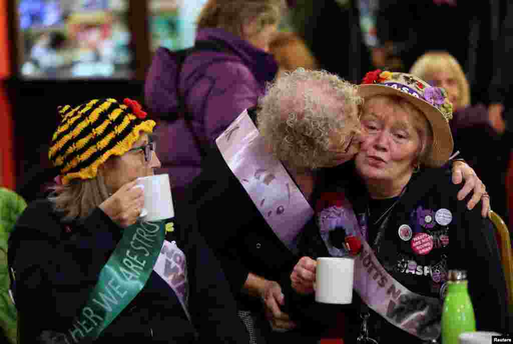 Women born in the 1950&#39;s wait for Britain&#39;s opposition Labour Party leader Jeremy Corbyn to outline the party&#39;s plans to repay the &quot;historical debt of honor&quot; owed to women born in the 1950&#39;s, in Renishaw.