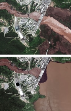 This combination image made from satellite images taken on Friday, June 26, 2020, above, and Sunday, July 12, 2020, below, shows the Grand Ethiopian Renaissance Dam on the Blue Nile river.