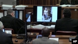 An image taken from the court pool TV via AP showing on screen a police photograph of Oscar Pistorius standing on his blood-stained prosthetic legs and wearing shorts covered in blood, taken shortly after the athlete fatally shot his girlfriend, which was shown to the court in Pretoria, at his murder trial, Mar. 14, 2014.