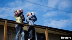 FILE - Cynthia Burrell and husband Jack Seifert, massage therapists whose home-based business has been shuttered in the coronavirus disease outbreak, watch birds from their porch in Seattle, Washington, April 4, 2020. 